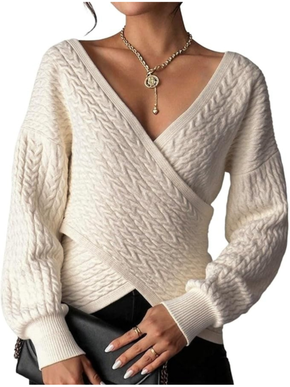 BEYINCUTE Women's Wrap Sweater Beige V Neck Long Sleeve Cropped XL NEW